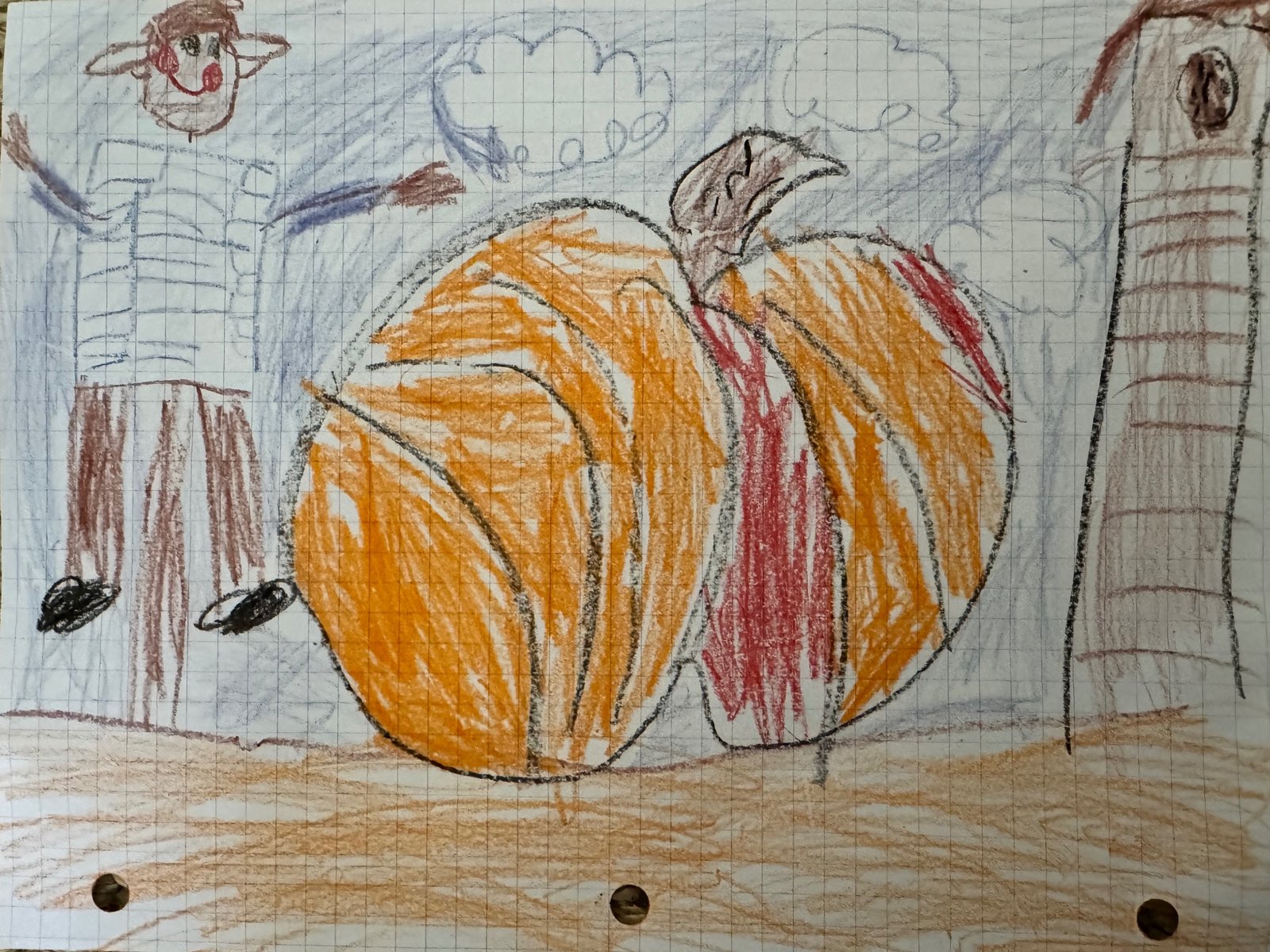 Scarecrow's Barn, Teddy's crayon drawing of a scarecrow next to a giant orange pumpkin and a barn, with clouds in a blue sky